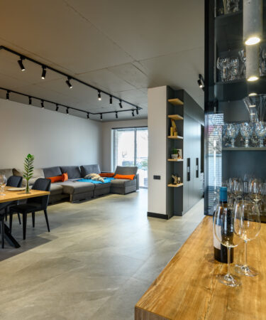 Modern luxury loft studio apartment interior with dining table in large living room